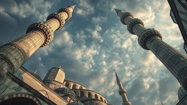 Majestic mosque minarets reaching towards a cloudy sky during sunset  emphasizing Islamic architecture and religious significance for Ramadan Eid celebrations