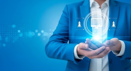 Man in blue suit holds digital computer icon with glowing effect, representing technology, innovation, and online services.