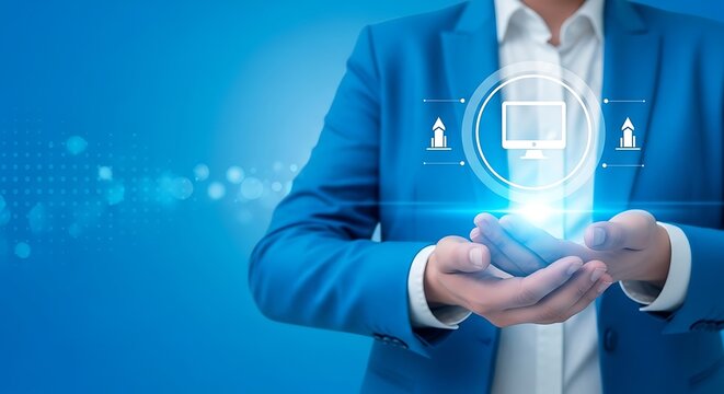 Man in blue suit holds digital computer icon with glowing effect, representing technology, innovation, and online services. - Powered by Adobe