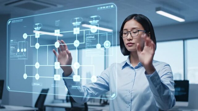 Asian woman interacting with a futuristic holographic interface displaying a complex flowchart in a modern office setting