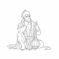 Obraz premium Line art drawing of Lord Hanuman, the Hindu monkey god, seated in a contemplative pose holding his gada, a symbol of strength and devotion.