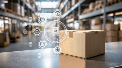 物流倉庫と出荷用段ボール箱　配送・EC・物流管理イメージ