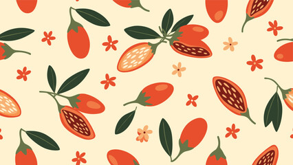 Seamless pattern of orange goji berries with green leaves and small orange flowers on a soft cream background for health food.