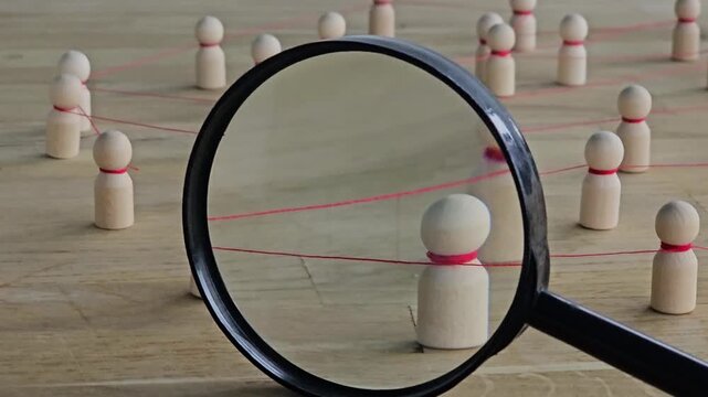 Understanding social connections through wooden figures and string in an abstract layout