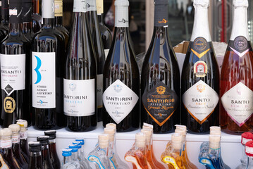 Obraz premium A selection of Santo wines produced only in Santorini from the Assyrtiko variety