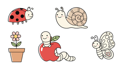 Fototapeta premium Friendly Insects and Plant Elements: A delightful array of adorable insects and plant elements, capturing the charm of a sweet and inviting illustrative scene.