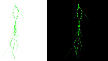 Glowing green lightning bolt on white and black backgrounds isolated on transparent background