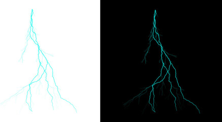 Glowing blue lightning bolt with multiple branches on black and transparent backgrounds
