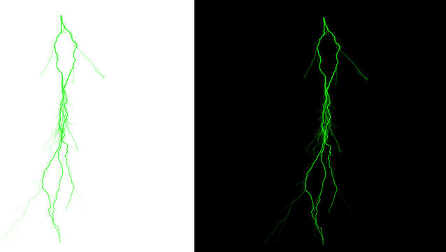 Glowing green lightning bolt on white and black backgrounds isolated on transparent background