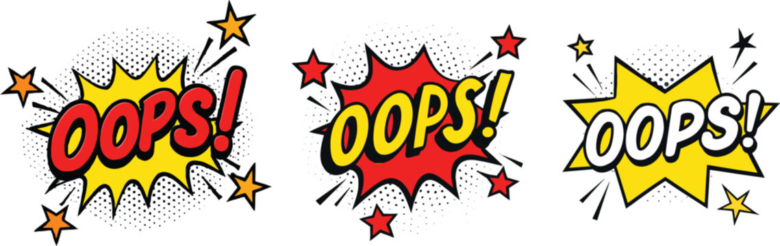 Comic Style Oops Speech Bubble Vector Illustration with Pop Art Halftone Background and Stars