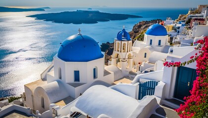 Fototapeta premium Iconic Santorini Island View with Blue Domed Churches Overlooking the Aegean Sea, Greece