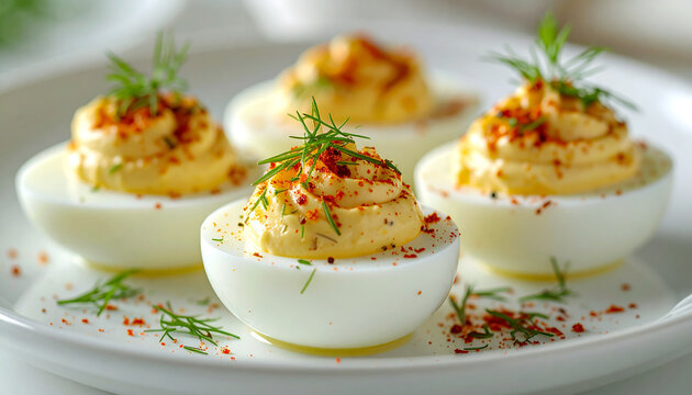 Deviled eggs with creamy filling, fresh dill and paprika on white plate. Tasty food. Delicious snack.