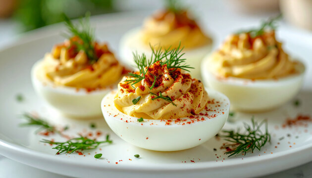 Deviled eggs with creamy filling, fresh dill and paprika on white plate. Tasty food. Delicious snack.