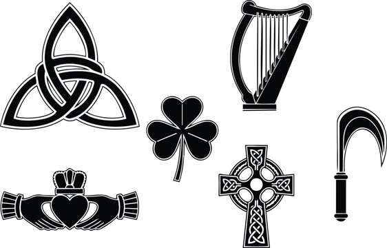 Flat vector celtic knot triquetra close up harp shamrock claddagh hands sickle and celtic cross arranged on white background bold black silhouette high contrast heritage emblem