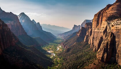 Naklejka premium A breathtaking, ultra-high-resolution panoramic vista of a deep desert canyon valley with a winding river, captured under a vast sky at golden hour
