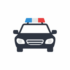 Obraz premium Front view of a dark police car with red and blue emergency lights on its roof, depicted in a flat icon style.