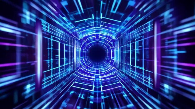 Dolly‑forward, abstract tunnel of blue and purple holographic data streams, camera flying smoothly through