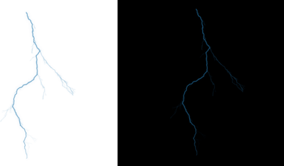 A blue lightning bolt on a white and black background split screen isolated on transparent background