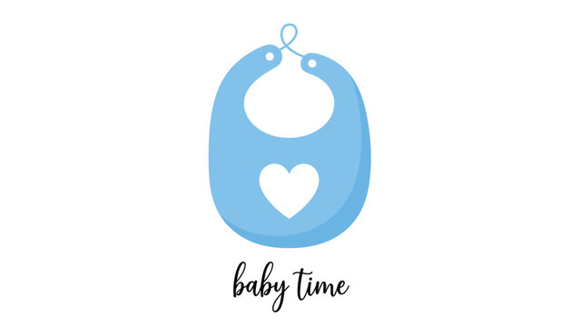Blue baby bib featuring a white heart in the center with handwritten baby time text isolated on a clean white background.