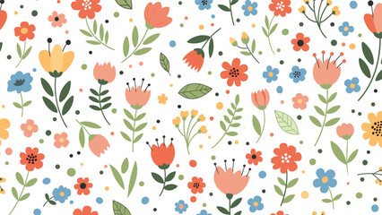 Fototapeta premium Vibrant seamless floral pattern with various small colorful flowers and decorative dots scattered on a white background.