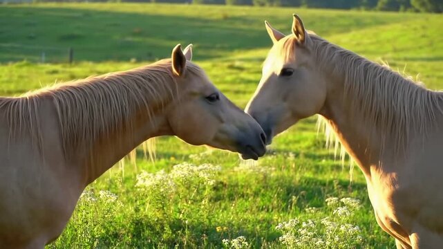 Two beautiful palomino horses touching noses in a sunlit meadow, animal love, nature.