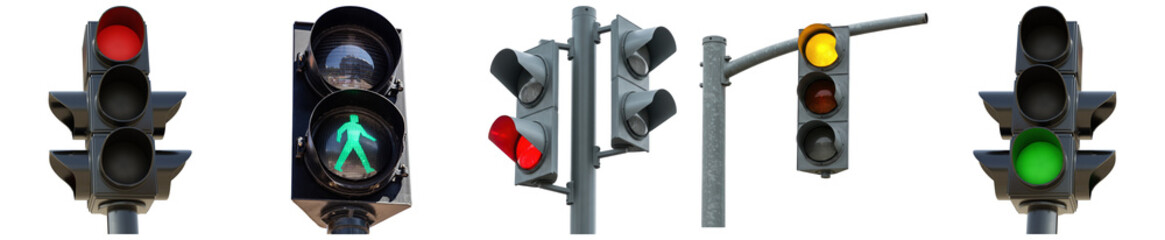 collection of various urban traffic lights and pedestrian signals displaying red, yellow, and green...