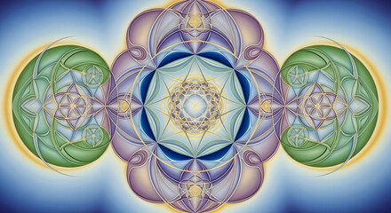 Vibrant mandala design with green blue and gold patterns