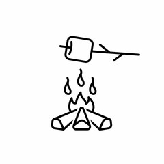Fototapeta premium Simple line art illustration of a marshmallow on a stick being roasted over a small campfire with logs and flames, representing outdoor leisure.