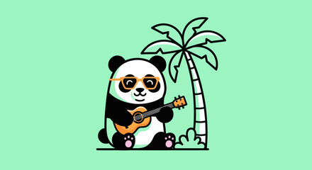 Cartoon panda playing ukulele under palm tree © Kemping