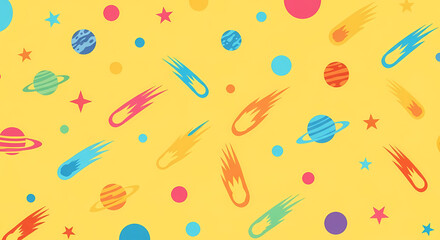 ポップな宇宙柄、黄色背景にカラフルな星