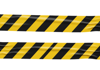 Wrinkled yellow and black hazard tape strips for restricted areas, isolated on transparent background, png
