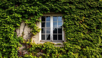 Window framed by lush green ivy, creating a natural facade.