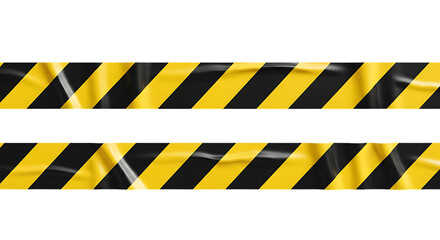 Wrinkled yellow and black hazard tape strips for restricted areas, isolated on transparent background, png