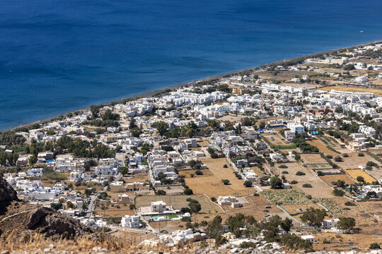 View from Ancient Thera towards the village of Perissa on the island of Santorini. Greece