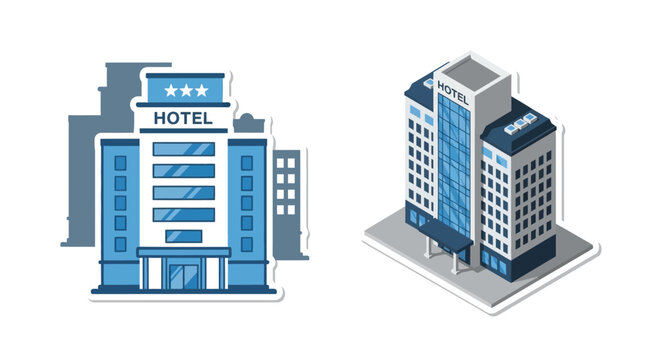 Isometric illustrations of two different hotel building facades with signage