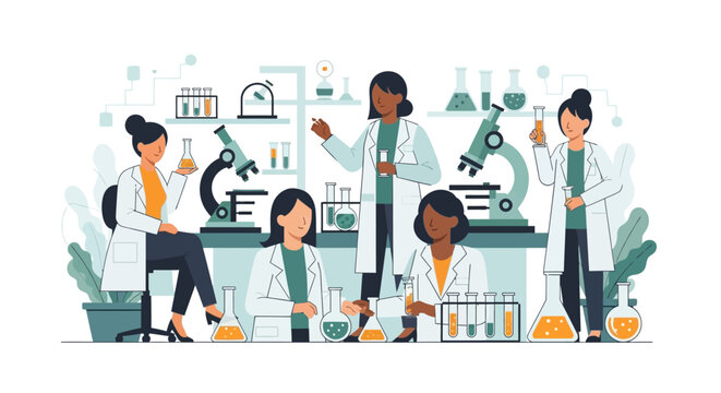 Illustration of diverse women and girls in a science lab for International Day of Women and Girls in Science, working together with teamwork and various scientific tools.