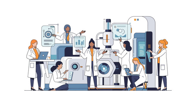 Illustration of a diverse team of scientists and doctors collaborating in a laboratory setting on International Day of Women and Girls in Science with various equipment and technology.