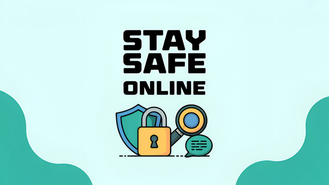 A graphic illustration promoting online safety with a padlock and shield