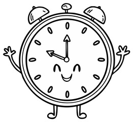 Cheerful cartoon alarm clock character with smiling face and raised hands in black and white line art for coloring pages or children's illustration