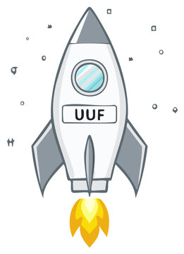 Cartoon rocket ship with UUF label blasts off with fiery exhaust and stars in outer space illustration