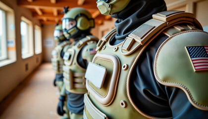 Soldiers wearing tactical gear standing in a training facility  