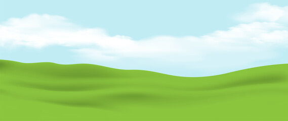 Bright green hills roll and clear blue sky, peaceful background, open landscape