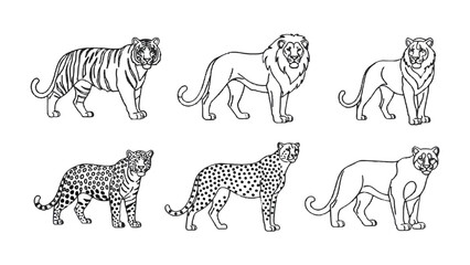 Feline Lineup: An artistic rendering presents six majestic felines from the cat family in a striking line, each exuding power and grace, a showcase of nature's beauty and the allure of the wild. 