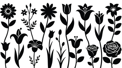 Black silhouettes of various flowers and leaves white