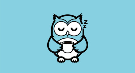Cartoon owl sleeping holding coffee