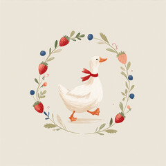Minimal vector illustration of a cute white goose with a red bow, walking happily inside a circular leaf wreath with strawberries and blueberries on a soft beige background.
