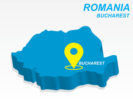 Romania Map Vector, Bucharest Capital City Marker on Blue 3D Country Shape, Romania Infographic Design, Editable Destination Pointer Romania Geography