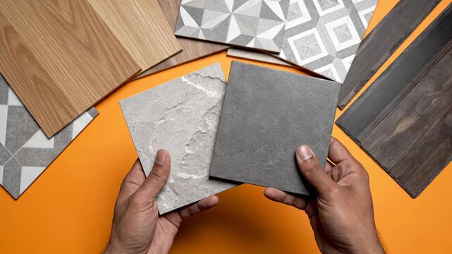 Hands holding two different flooring samples over a vibrant orange background with various other flooring options spread around, showcasing choices for home renovation and interior design.