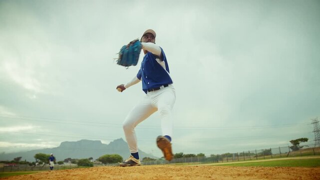 Baseball pitcher unleashes a powerful throw from the mound