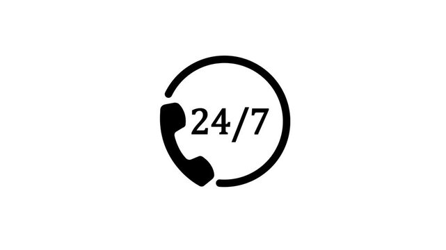 24 by 7 call white line animation. Customer support animated icon. Scaling digits, moving phone.Communication, online. Isolated illustration on white background. Transition alpha video.Motion graphic.